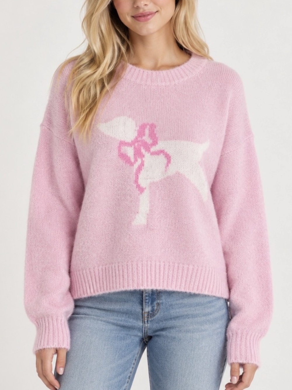 New! LoveShackFancy PINK Fairy Graphic Fuzzy Pink Sweater 57237